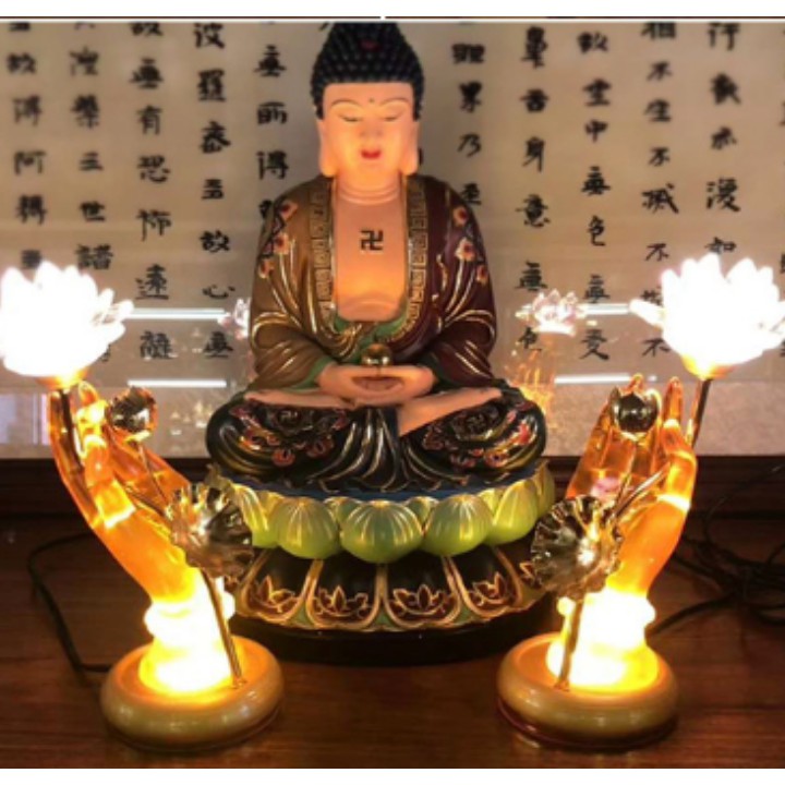 Cặp đèn thờ hoa sen tay phật pha lê cao cấp