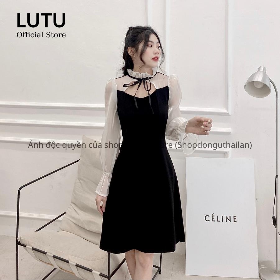 Đầm Váy Nữ Tay Bồng Phối Tơ Oganza Khoét Cổ Dáng Chữ A Có Đủ Size Phong Cách Hàn Quốc