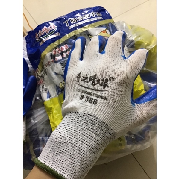 10 đôi gang tay cao su 388 - gang tay bảo hộ phủ sơn xanh