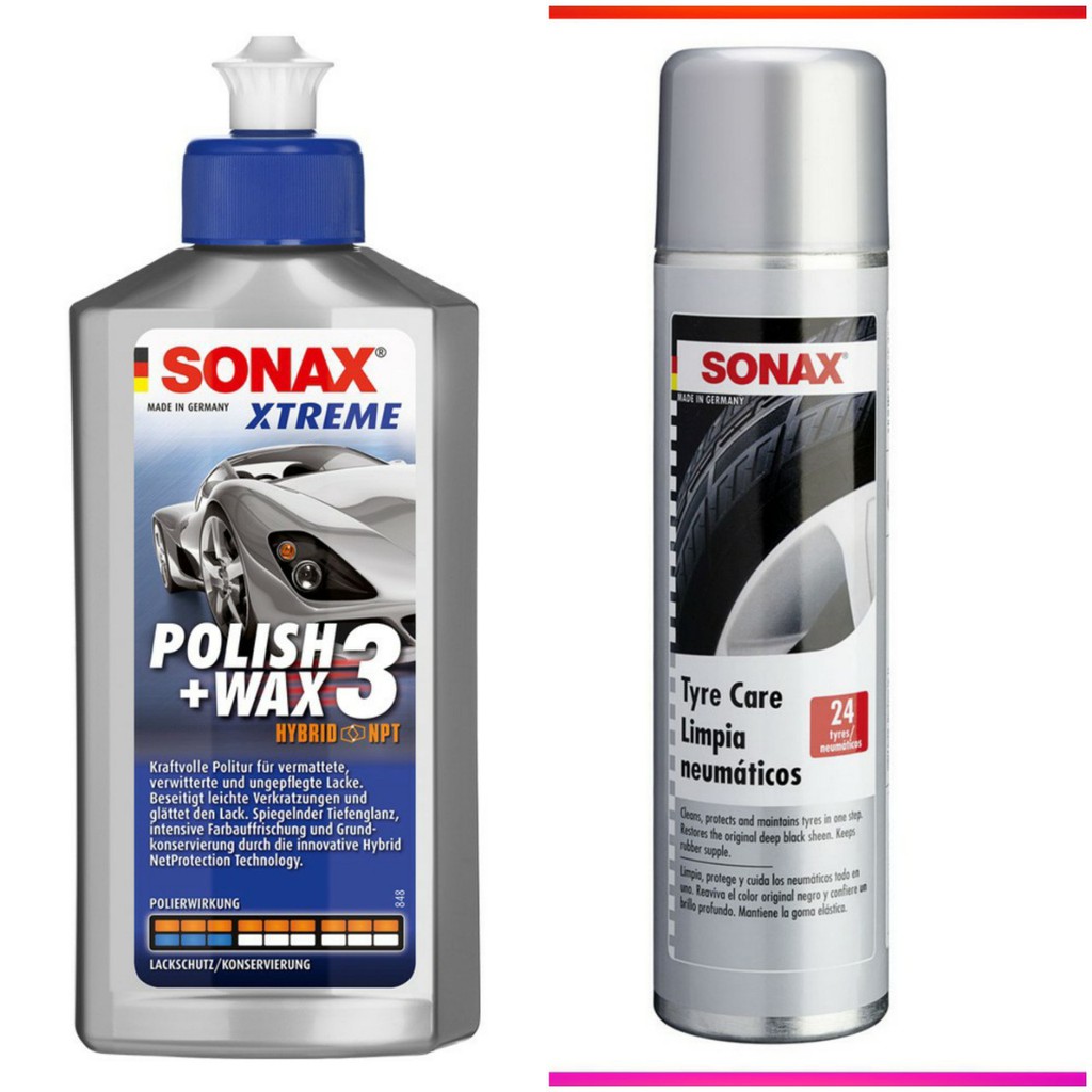 Combo Chai Xoá Xước Đánh Bóng Bảo Vệ Sơn SONAX XTREME WAX 3+ Chai Xịt Bóng Làm Sạch Và Bảo Vệ Lốp Xe SONAX (400ml)