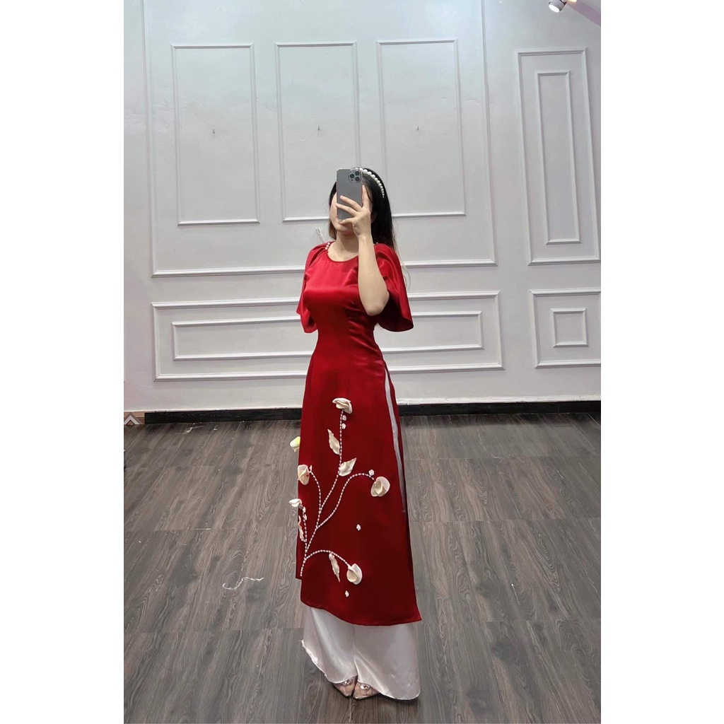 Áo Dài cách tân vải gấm tatta đỏ + vàng , áo dài vai bồng thêu hoa nổi  nhẹ nhàng