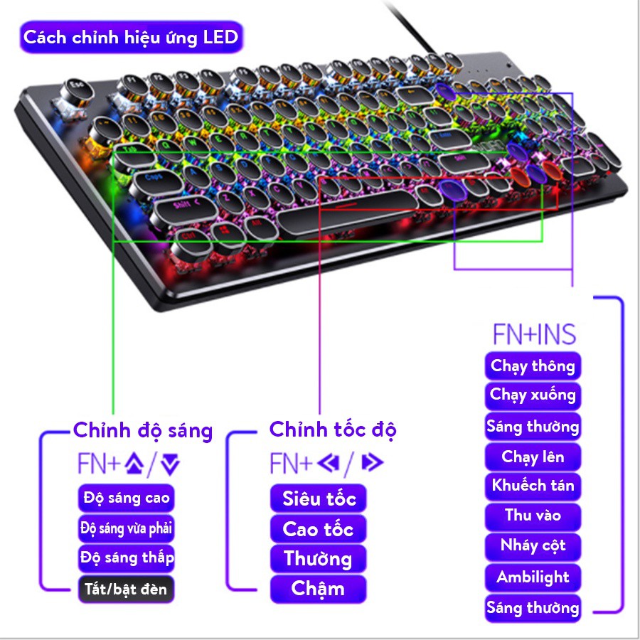 Bàn phím cơ Latope bàn phím gaming nút tròn dễ thương Full LED RGB T907