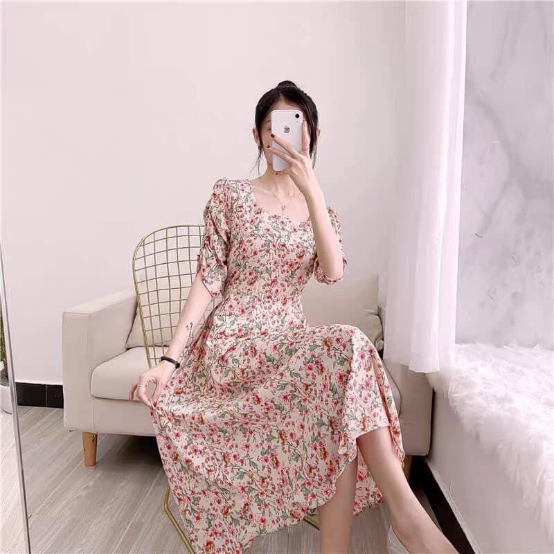 VN73 - VÁY HOA HỒNG CỔ VUÔNG TAY CHUN NỮ | BigBuy360 - bigbuy360.vn