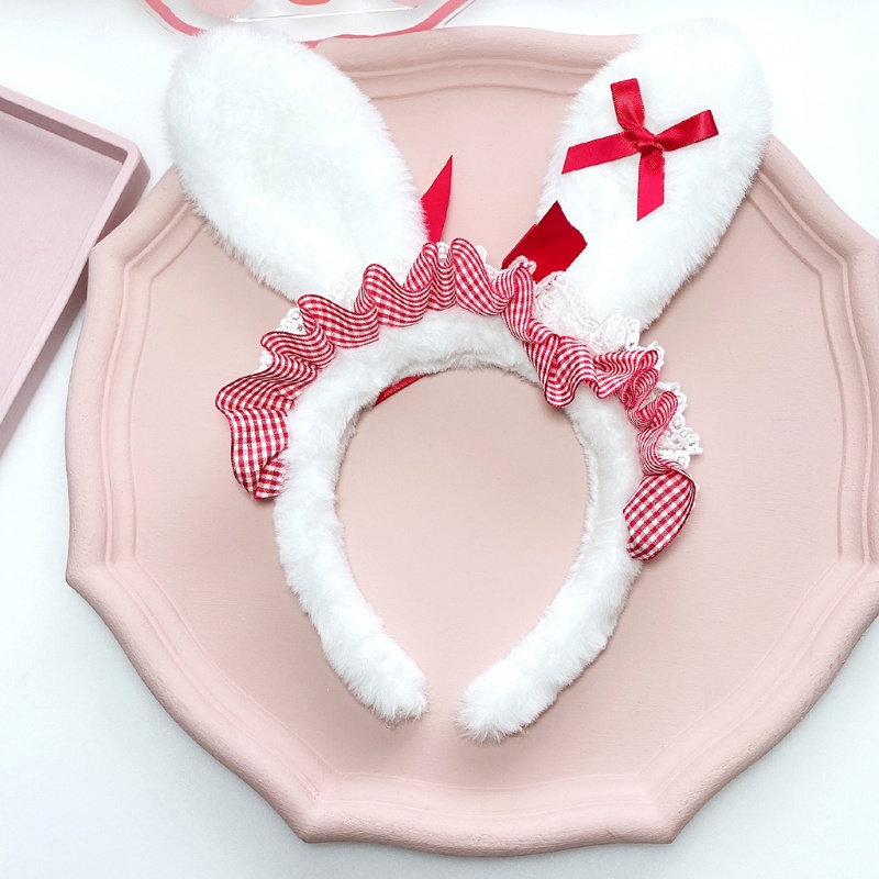 Băng Đô Tai Thỏ Họa Tiết Sọc Caro Phối Lông Xù Dành Cho Nữ