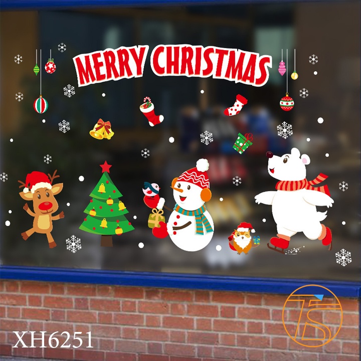 Decal trang trí Noel dán kính mẫu ông gIà noel, cây thông, xe chở quà tặng, chúc mừng năm mới 2023