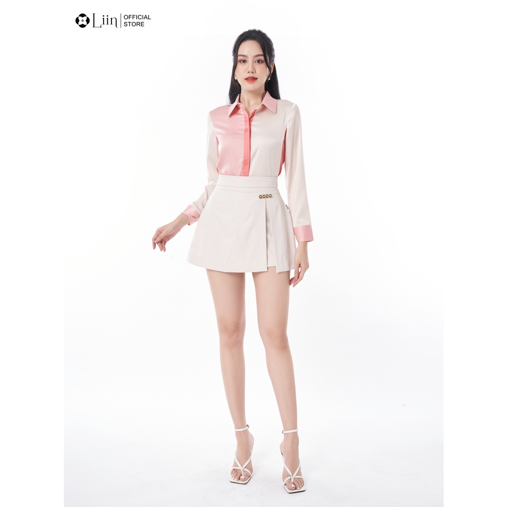 Áo sơ mi linbi dài tay chất vải lụa hồng mix form công sở thanh lịch, thời thượng liin clothing SM3751