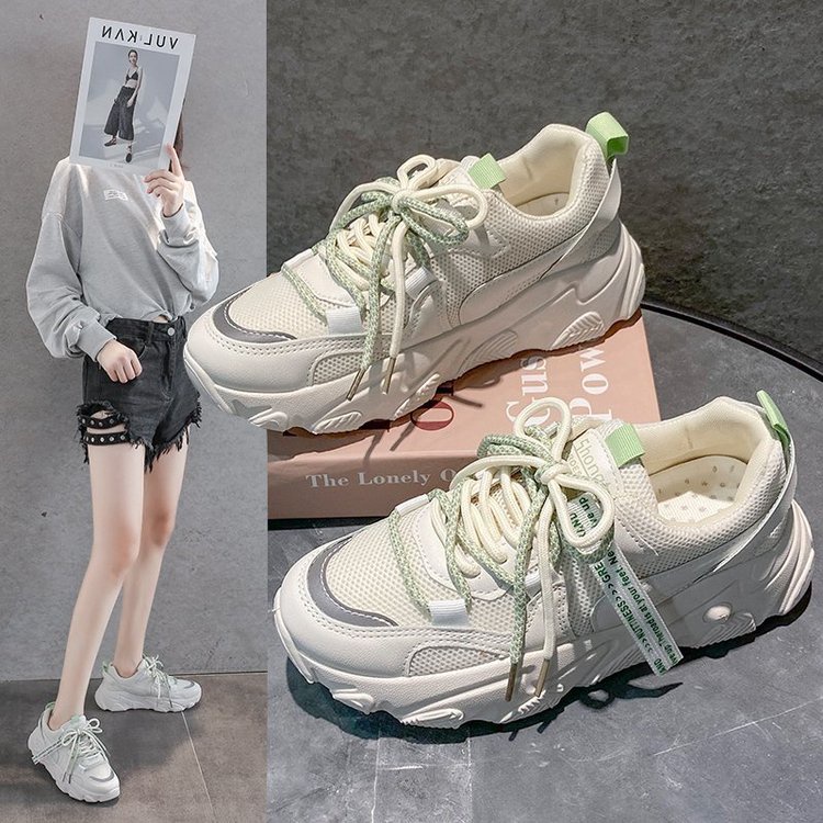 Kasut perempuan Women Sneakers Fashion Mesh Chunky Sneakers Casual Shoes Reflective Comfortable Thick Sole White Dad Flats Platform Shoes