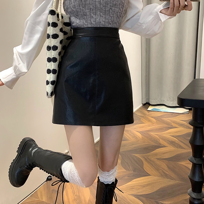 Chân Váy Da PU Lưng Cao Dáng Chữ A Thời Trang Mùa Thu Phong Cách Hàn Quốc Cho Nữ