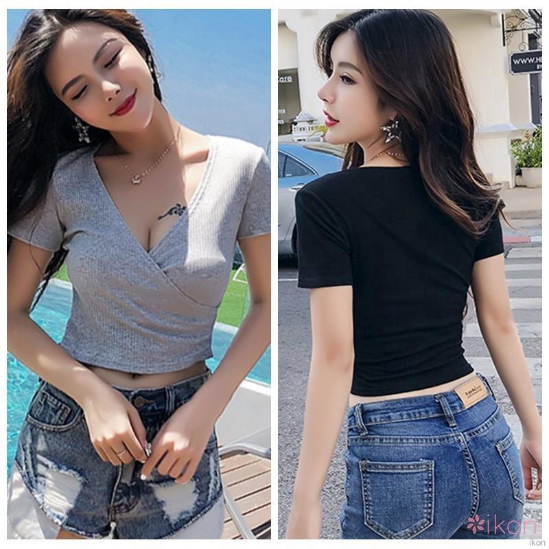 Áo thun gân croptop tay ngắn cổ V quyến rũ cho nữ