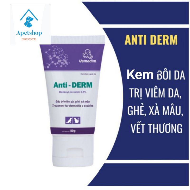 Kem bôi ghẻ viêm da ANTI-DERM của VEMEDIM - Đặc trị ghẻ, xà mâu ngứa rụng lông chó mèo thú cảnh tuýp 40g APET