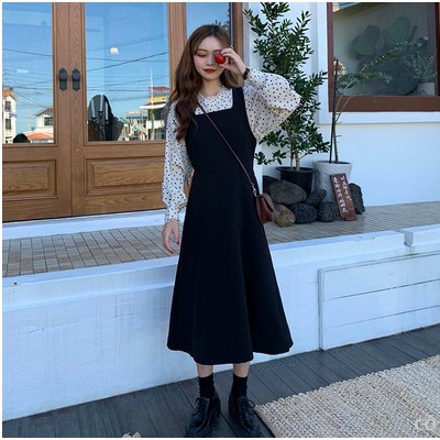 Váy ulzzang kèm áo sơ mi set váy nữ đẹp sơ mi dài tay chấm bi đầm dài mỏng áo kiểu dáng hàn quốc