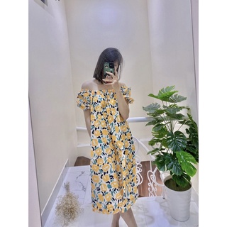 Đầm trễ vai hoạ tiết mùa hè
