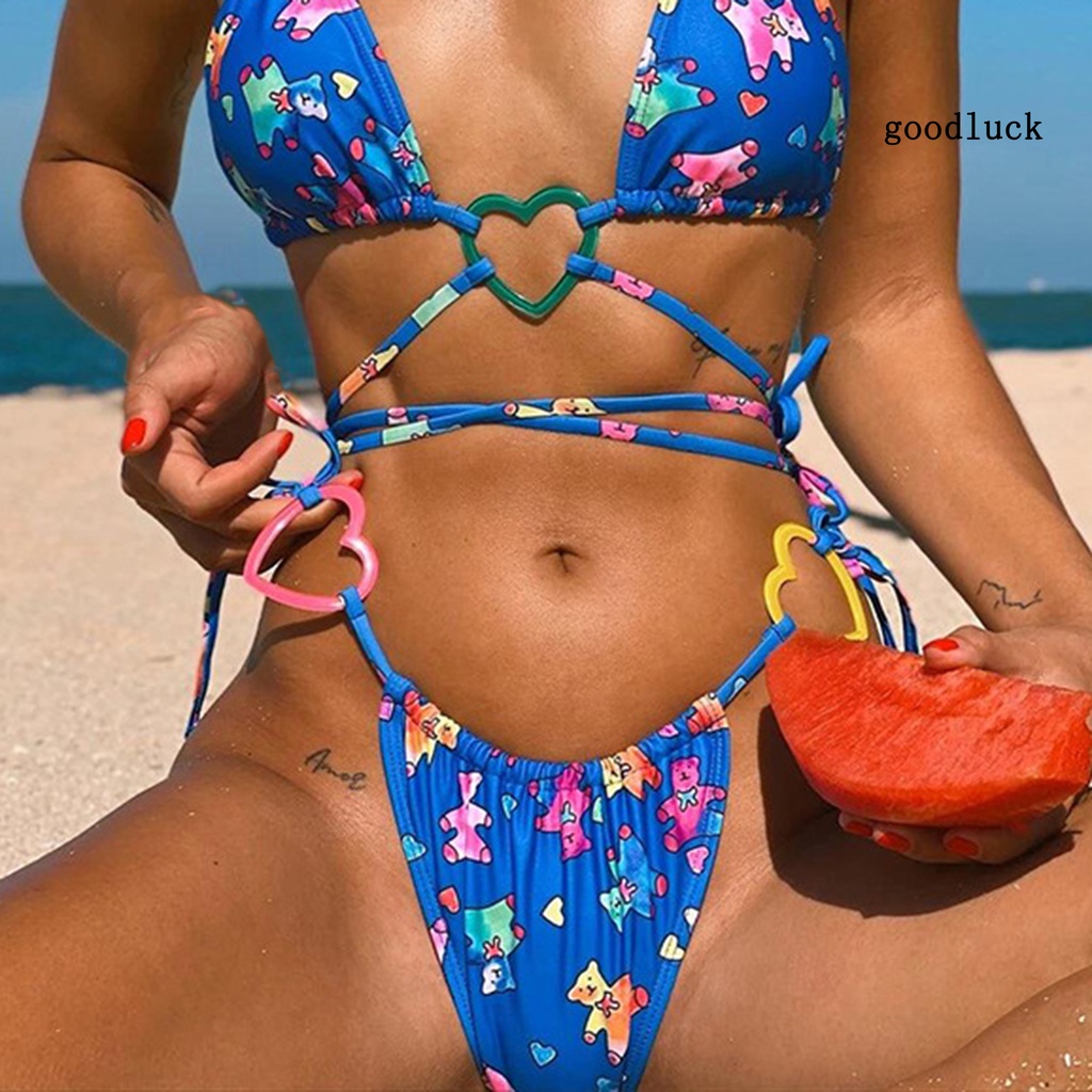 Bộ Đồ Bơi Bikini In Họa Tiết Hoạt Hình Gấu Dễ Thương Có Đệm Ngực Cho Nữ