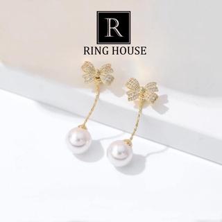 (Chuôi Bạc 925) E4 Bông Tai Khuyên Tai Nữ Dài Nơ Đính Hạt Trai Xinh Đẹp Ring House