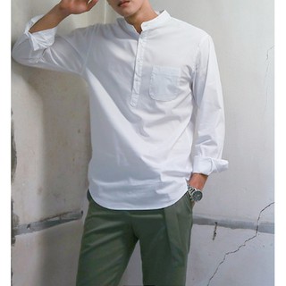 Áo sơ mi nam cổ trụ màu trắng vải 100% cotton