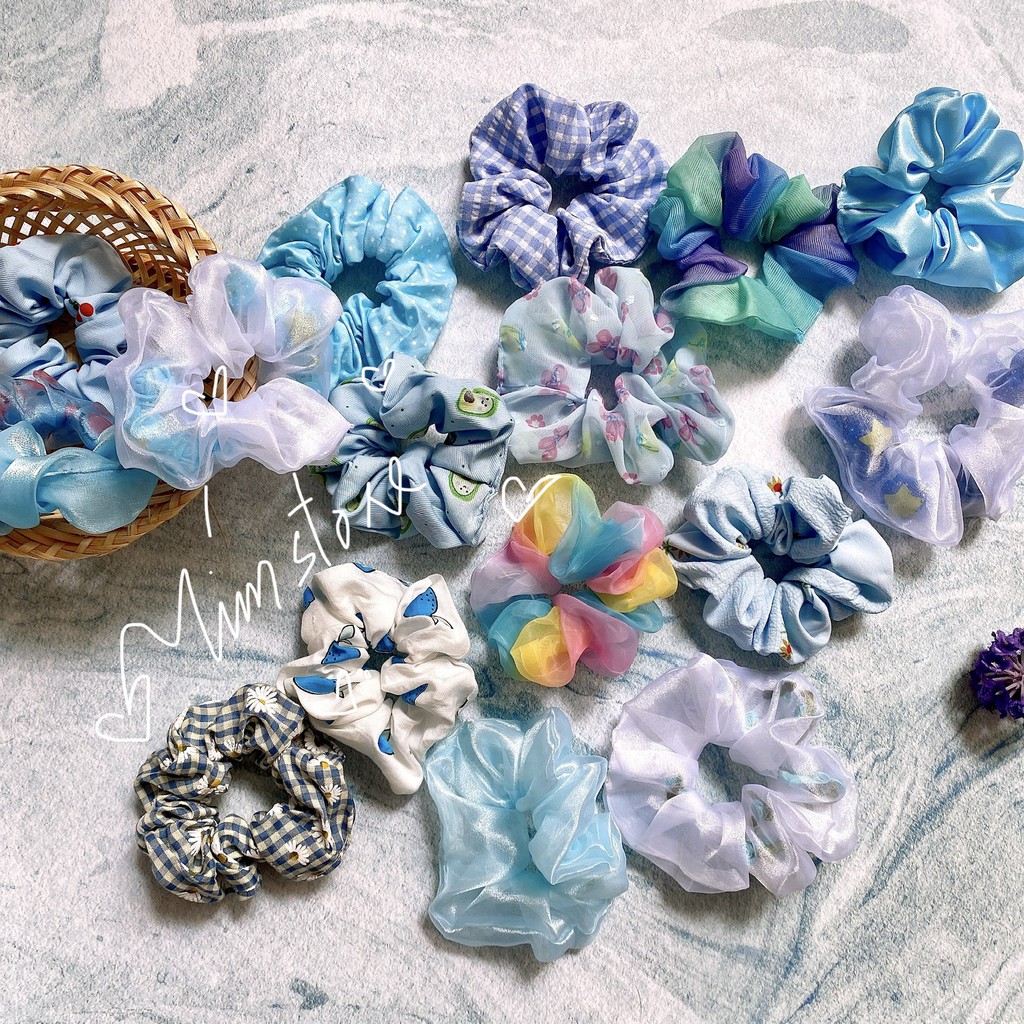 {Ảnh thật} SET 5-10 SCRUNCHIES VẢI ĐẸP, MÀU XANH, CỘT TÓC VẢI ĐEO TAY THỜI TRANG NỮ
