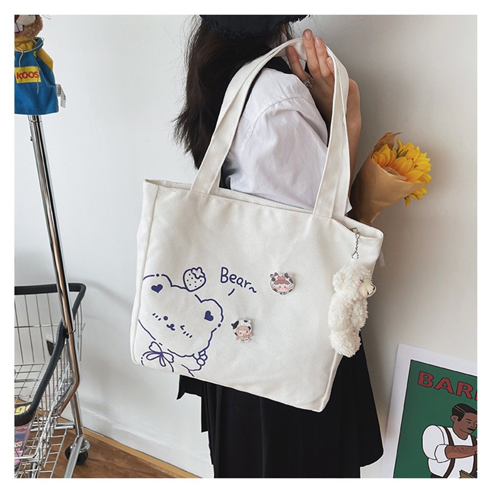 Túi vải tote canvas in hình chú gấu Bear xinh xắn dễ thương phong cách Hàn Quốc