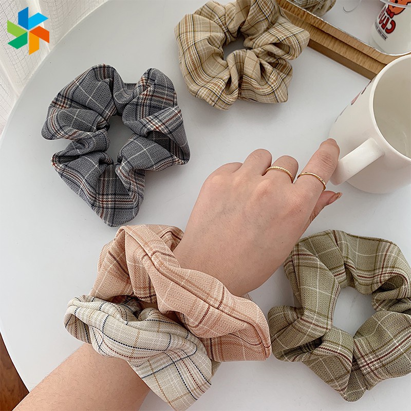 Dây Cột Tóc Vải Bản Lớn Họa Tiết Sọc Caro Màu Bạc Phong Cách Hàn Quốc Cổ Điển Cho Nữ Jp60Vn