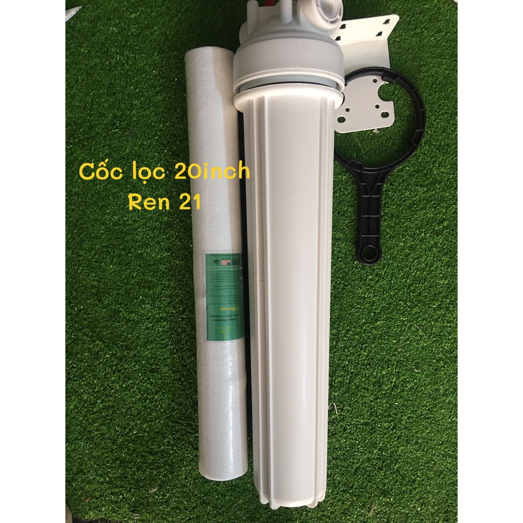 Cốc Lọc Đầu Nguồn 20 inch - Ren 21 Kèm ( Lõi, Giá treo, 2 Co Ren 21/10, Dây 10)