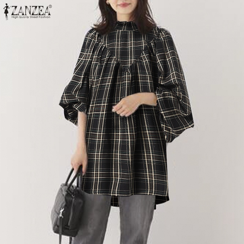 Áo sơ mi Zanzea tay dài dáng rộng cài nút họa tiết kẻ ô dành cho nữ