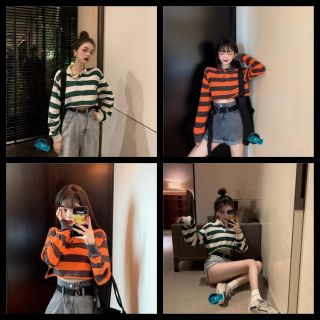 Áo croptop kẻ ngang cổ bẻ ulzzang