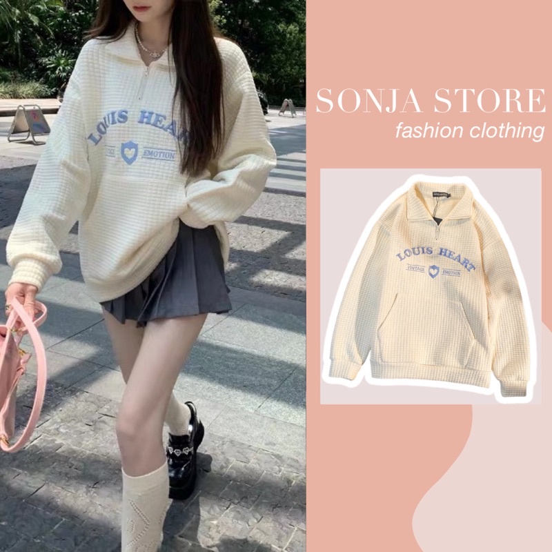 Áo polo nữ hàn quốc LOUIS HEART form rộng , Áo nỉ nữ dài tay Sonja Store