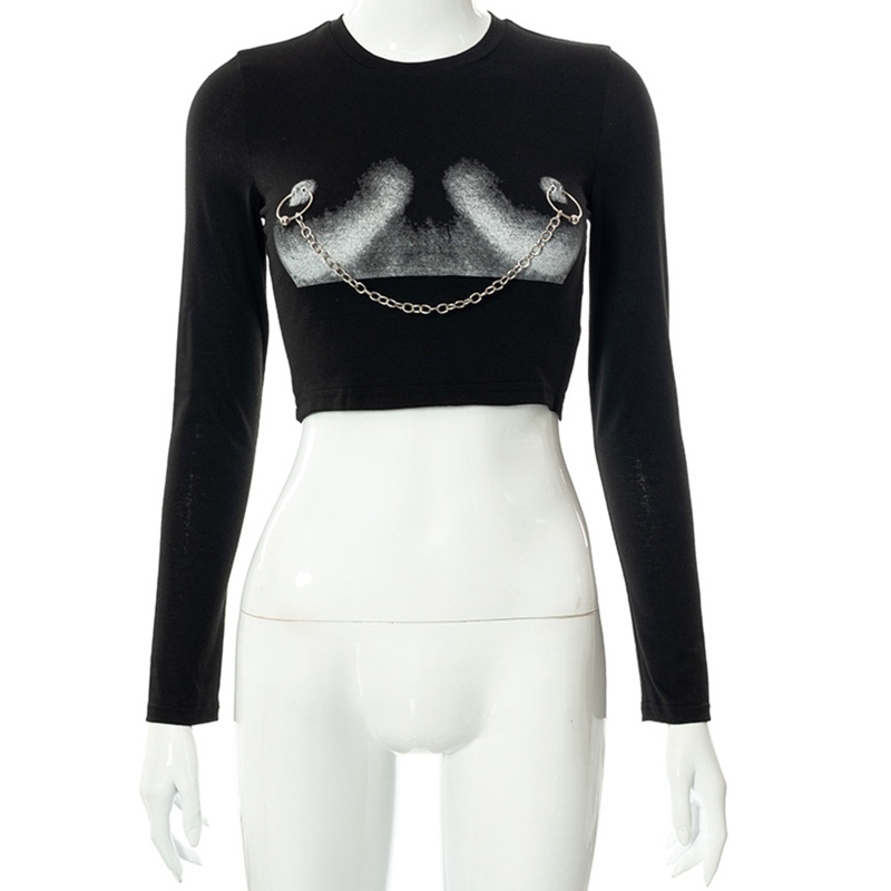 Áo Thun Lửng Tay Dài / Ngắn Dáng Ôm Phối Dây Xích Thời Trang Cho Nữ