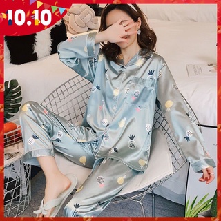 Set đồ ngủ dài tay vải lụa mỏng phong cách Hàn Quốc thời trang xuân thu cho nữ