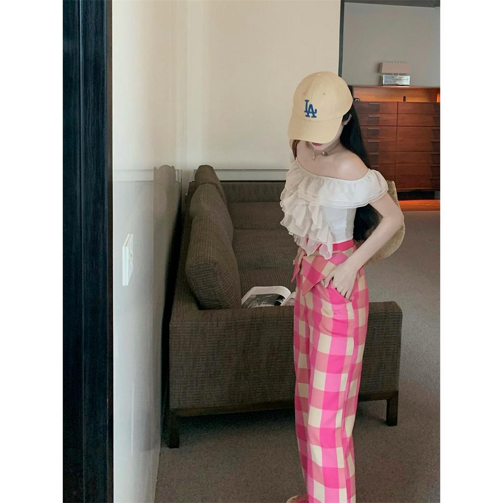 Cocory vn Set Áo Kiểu Trễ Vai Viền Bèo Nhún + Quần Dài Lưng Cao Ống Rộng Họa Tiết Sọc Caro Thời Trang Mùa Hè Cho Nữ