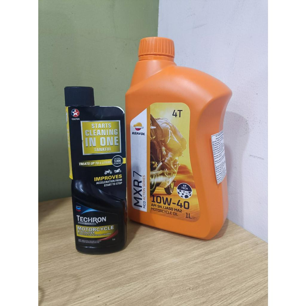 COMBO KM Bình 1L Dầu nhớt xe số, tay côn REPSOL MXR7 10W40 1000ml + KÈM Phụ gia Caltex Techron Concentrate Plus 75ml
