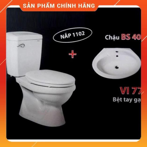 (SALE) Bồn Cầu Viglacera VI77 2 Khối Nắp Thường Kèm Lavabo VTL2- hàng chính hãng