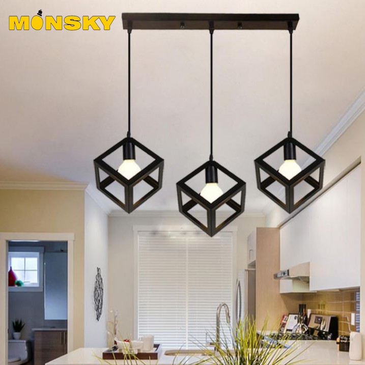 Bộ 3 đèn thả MONSKY VENU khối lập phương trang trí nội thất - kèm bóng LED và đế ốp trần