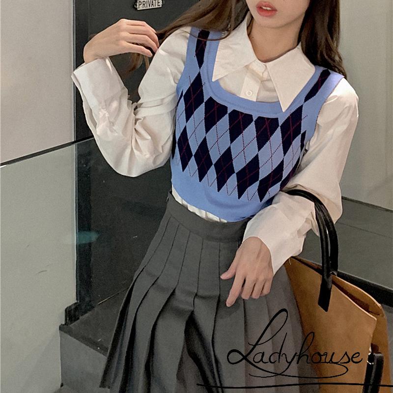 Áo Dệt Kim Không Tay Cổ Chữ U In Họa Tiết Kim Cương Hợp Thời Trang Cho Nữ