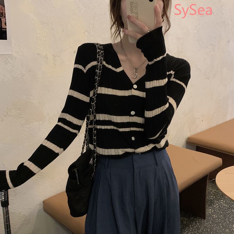 Áo khoác cardigan dệt kim tay dài họa tiết kẻ sọc thời trang mùa hè dành cho nữ