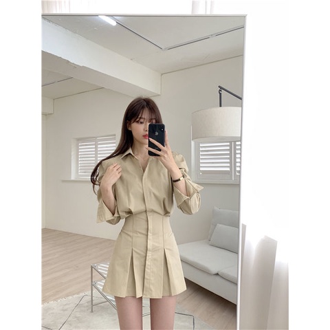 Đầm sơ mi tay dài ôm eo phong cách Hàn Quốc thời trang dành cho nữ