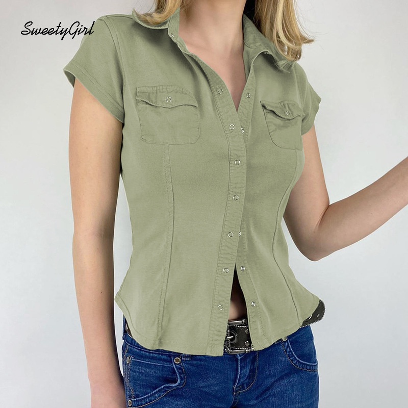 Áo Thun Cổ Bẻ Tay Ngắn Dáng Ôm Cài Nút Màu Trơn 2022 Thời Trang Quyến Rũ Cho Nữ