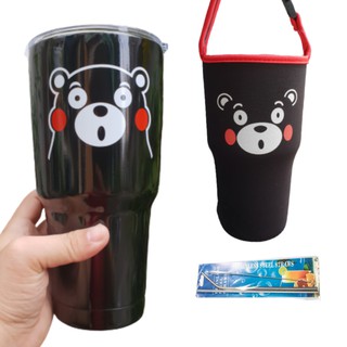 Combo ly giữ nhiệt gấu đen 900ml kèm túi, 2 ống hút, 1 cọ rửa