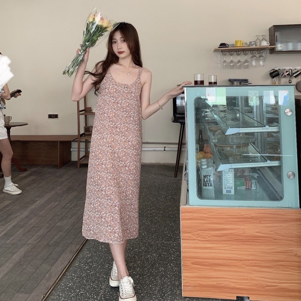 Váy hoa nhí đi biển 2 dây MADELA dáng suông phong cách vintage Hàn Quốc, Đầm hai dây suông hoa nhí