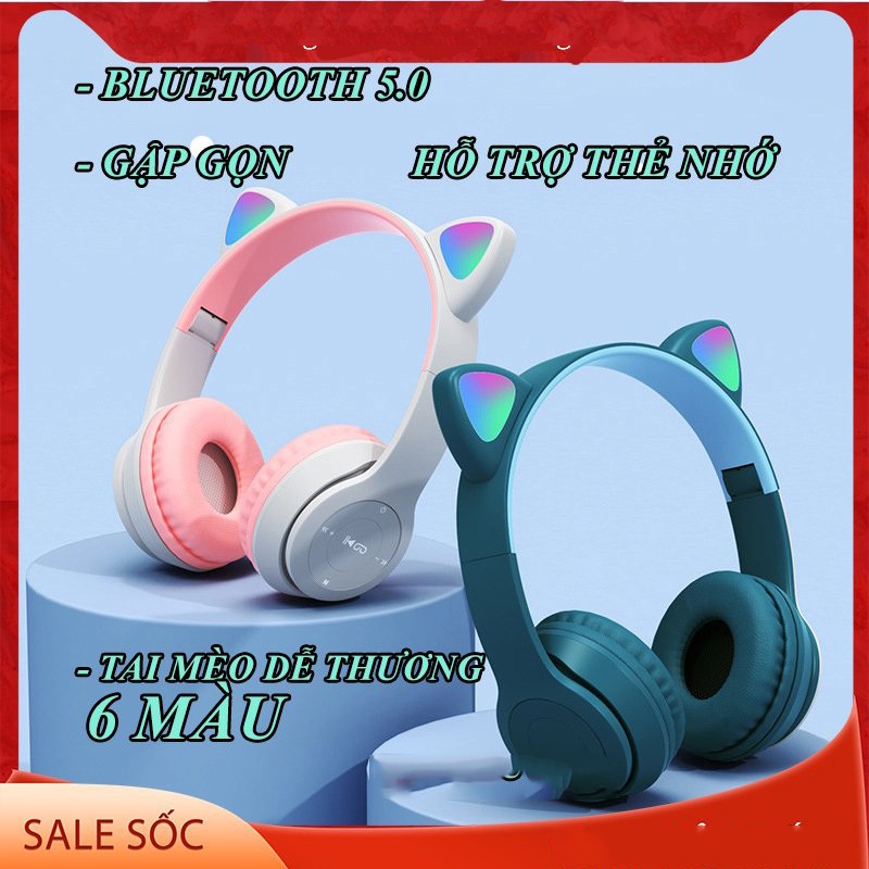 Tai Nghe Mèo Bluetooth P47 P47M, Tai Mèo Chụp Tai Có Mic, Âm Bass Mạnh Mẽ Nghe Nhạc Cực Hay jack cắm 3.5mm