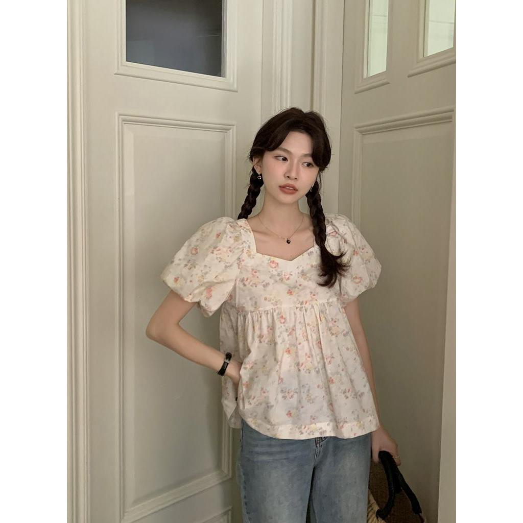 Áo Hoa Cổ Vuông Tay Phồng Dáng Rộng Thời Trang Hàn Quốc Sành Điệu 63561