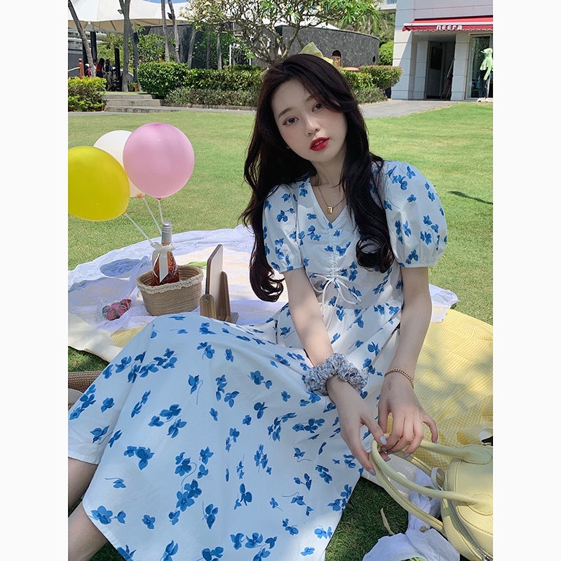 Đầm Hoa Tay Ngắn Cổ Chữ V Thời Trang Hàn Quốc Cho Nữ
