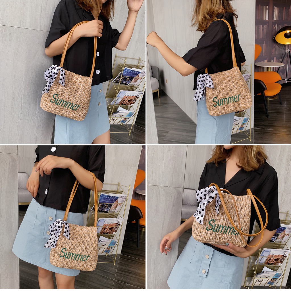 Túi cói đeo vai thêu chữ Summer tặng kèm khăn phong cách Vintage