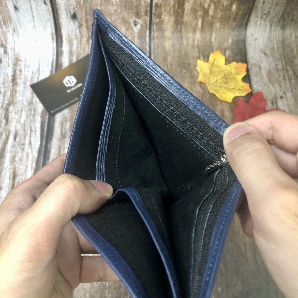 Ví Nam  Da Bò EPI Cao Cấp, Bóp Da Bò Thật, Lót Trong Da Heo, Màu Xanh Navy Dáng Ngang - BH 24 Tháng