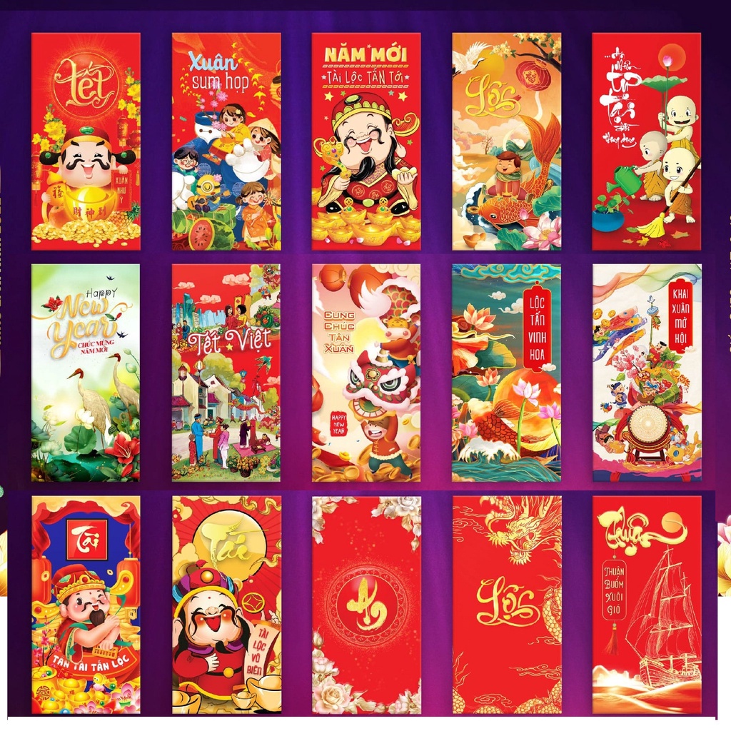 Combo 50 Bao lì xì 2023 phong bao lì xì tết màu đỏ nhiều mẫu ngẫu nhiên