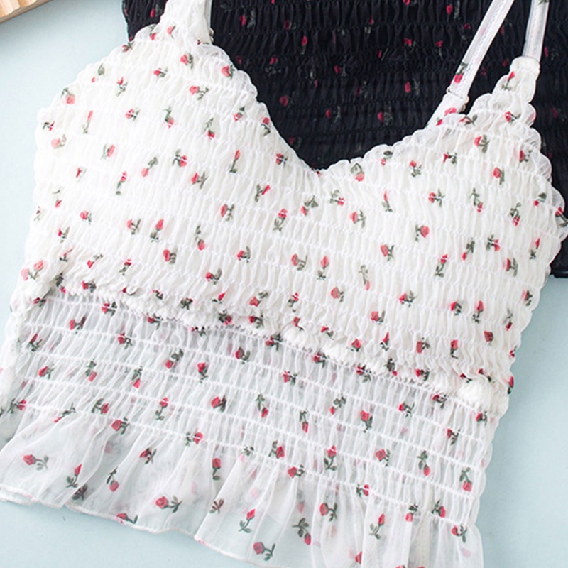Áo Croptop Hai Dây Không Tay Cổ Chữ V Họa Tiết Hoa Có Đệm Ngực Phối Ren Slin Cho Nữ