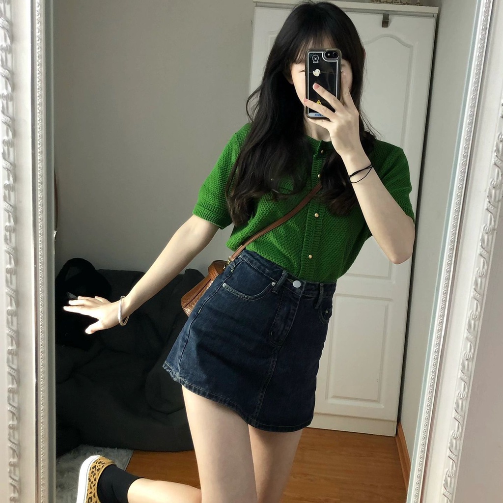 Bộ Áo Dệt Kim Ngắn Tay + Chân váy jean Lưng Cao Thời Trang Dành Cho Nữ 2530