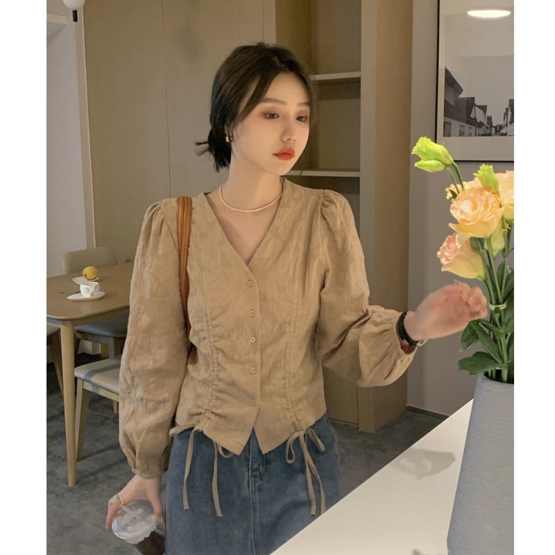 Áo sơ mi tay dài cổ chữ V thiết kế mới thời trang xinh xắn cho nữ