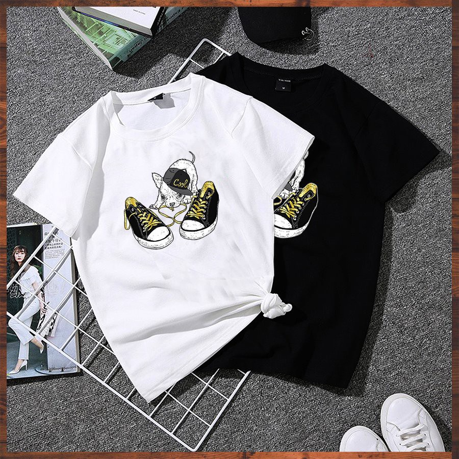 Áo thun unisex form rộng tay lỡ cún con và giày vải dày mịn 20NU1170