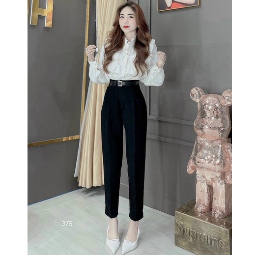 Quần tây đen nữ lưng cao dáng dài đi học màu xanh đen vải mềm ống đứng Quần tây âu baggy nữ cạp cao bigsize công sở làm