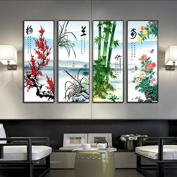 Bộ tranh treo tường tứ quý VTC đào lan trúc cúc chất liệu bóng kính hoặc vải canvas B-2484